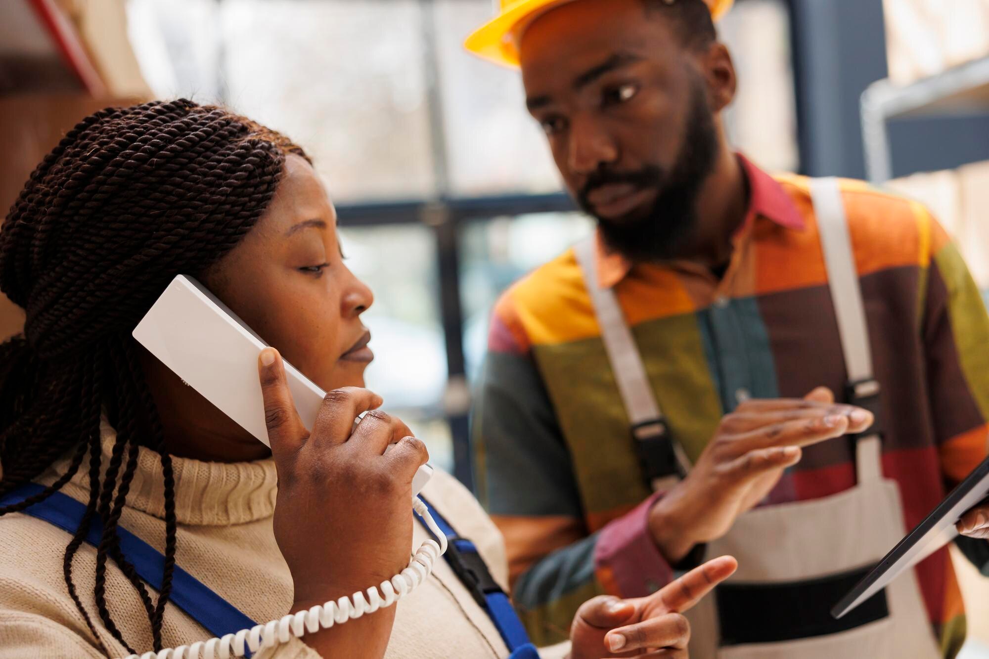 storehouse managers giving dispatching information shipment office warehouse telephone african american man woman merchandise operators answering logistcis department call_482257 62710